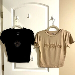 Charlotte Russe TWO T-shirt black and sand color embroidered size XS